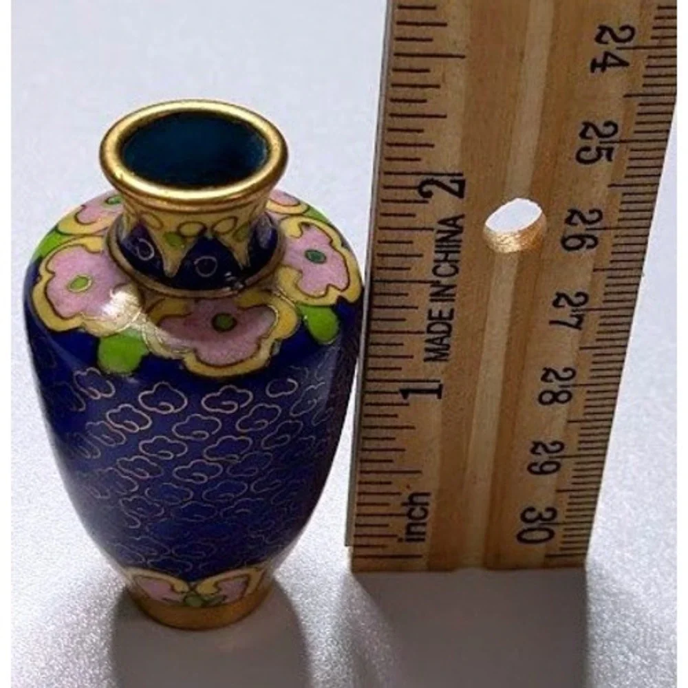 Blue Floral Cloisonné Enamel Mini Bud Vase with Wood Stand